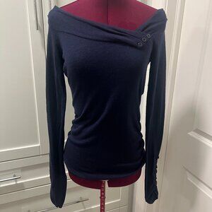 LE CHATEAU Cashmere Blend Off Shoulder Sweater Navy Blue Buttons Size M, Stretch